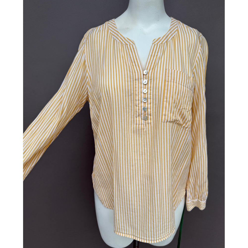 J Jill Henley Tunic Shirt M Yellow White Striped Cotton Long Sleeve Casual Top
